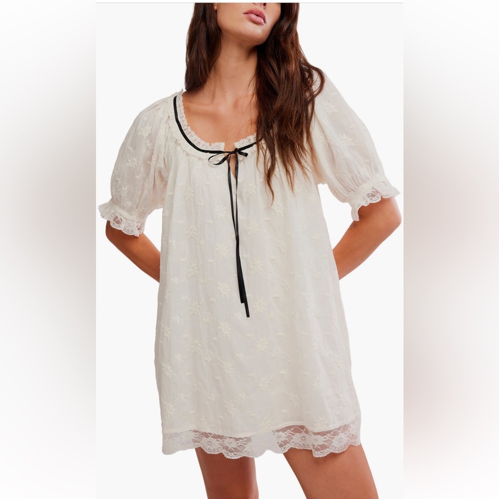 Free People Ivory Lace-Trim Peasant Top with Black Tie